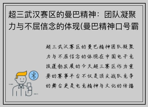 超三武汉赛区的曼巴精神：团队凝聚力与不屈信念的体现(曼巴精神口号霸气)