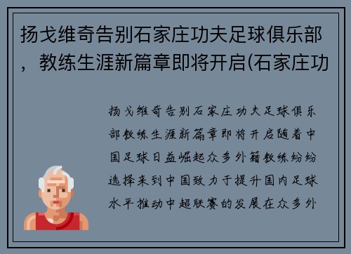 扬戈维奇告别石家庄功夫足球俱乐部，教练生涯新篇章即将开启(石家庄功夫足球队)