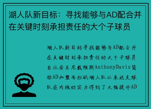 湖人队新目标：寻找能够与AD配合并在关键时刻承担责任的大个子球员