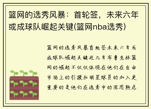 篮网的选秀风暴：首轮签，未来六年或成球队崛起关键(篮网nba选秀)