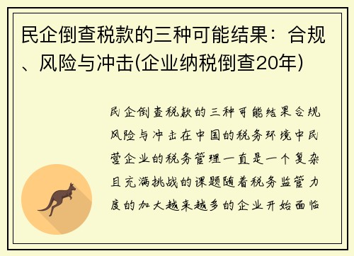 民企倒查税款的三种可能结果：合规、风险与冲击(企业纳税倒查20年)